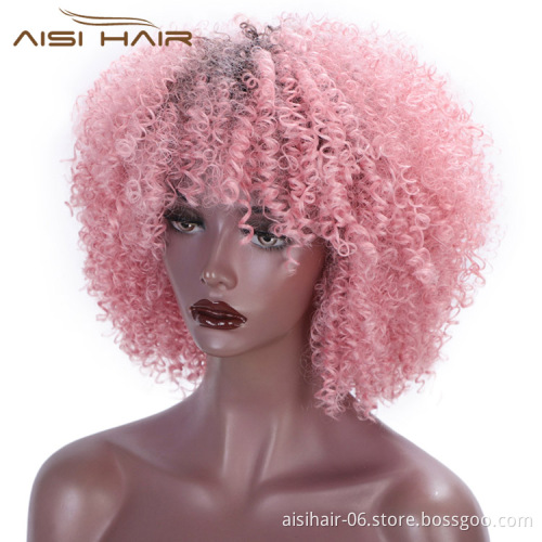 Aisi Hair Short Kinky Fluffy  Ombre Pink Wig Heat Resistant Synthetic Fiber Afro Curly Wigs For Black Women Cosplay Party Wigs